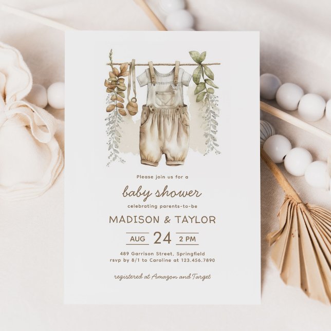 Convites Chá de fraldas de roupas de bebê de boho neutro po (Criador carregado)