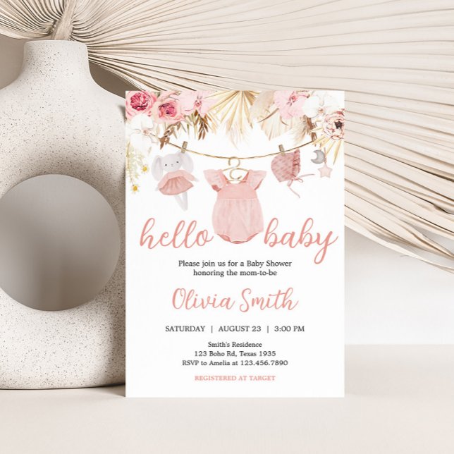Convites Chá de fraldas de Roupas de Bebê Pampas (Baby Clothes Pampas Grass Baby Shower Invitation)