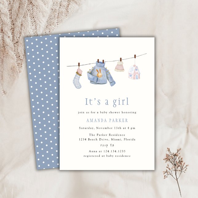 Convites Chá de fraldas de roupas de inverno da Blue Waterc (Blue Watercolor Girl Winter Clothes Baby Shower Invitation)