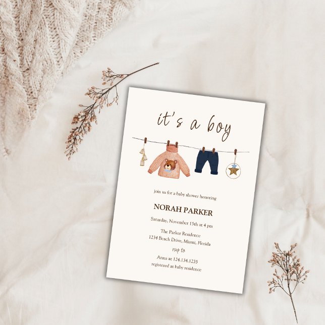 Convites Chá de fraldas de roupas de inverno do Menino Boni (Cute Boho Boy Winter Clothes Baby Shower Invitation)