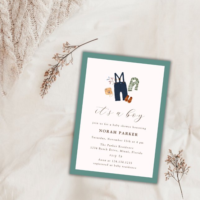 Convites Chá de fraldas de Roupas do Green Simple Frame Boy (Sage Green Simple Frame Boy Clothes Baby Shower Invitation)