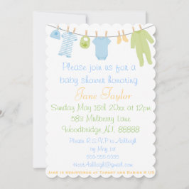 Convites Chá de fraldas de roupas pequenas azul e verde