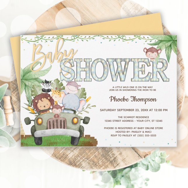 Convites Chá de fraldas de Safari Amarelo (Yellow Safari Animals Baby Shower Invitation)