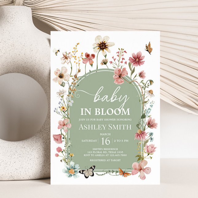 Convites Chá de fraldas de Sage Green Baby Bloom (Gender Neutral Wildflower Baby Shower Invitation)