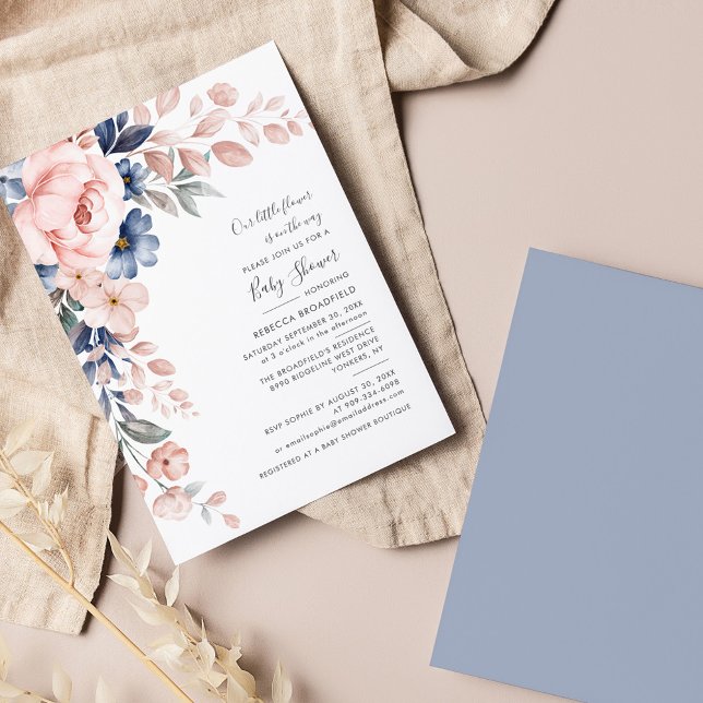 Convites Chá de fraldas de Sangue Floral Azul Pintel Pastel (Pink Floral Script Watercolor Baby Shower Invitation)