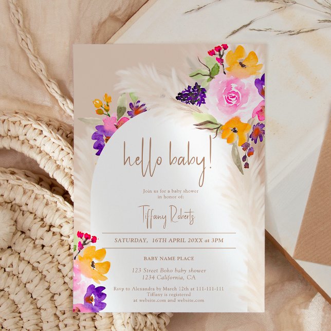 Convites Chá de fraldas de saudação neutro de arco floral (Boho sand floral arch neutral hello baby shower invitation)