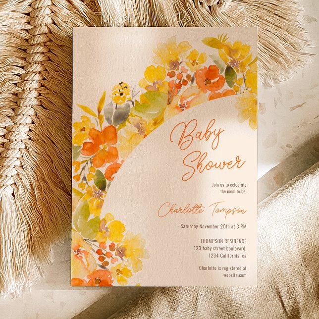 Convites Chá de fraldas de script de flores amarelas do boh (Fall boho yellow flowers script baby shower invitation on ivory)