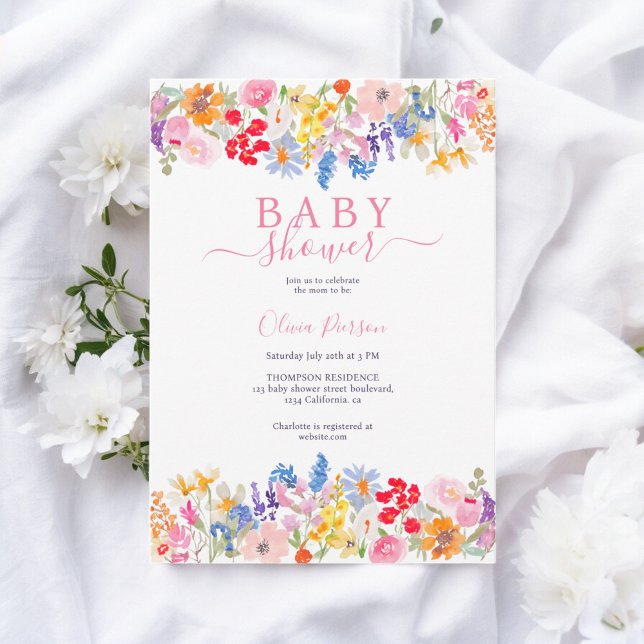 Convites Chá de fraldas de script de flores silvestres do j (Modern garden wildflowers script baby shower invitation)