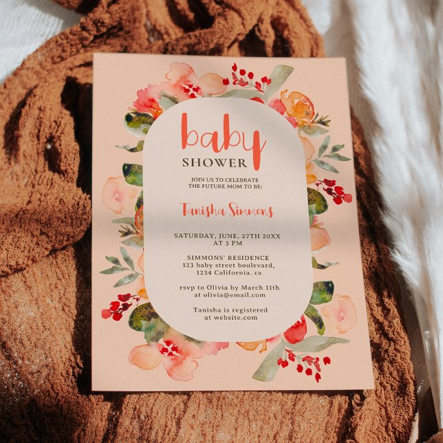 Convites Chá de fraldas de script floral Boho fall terracot (Boho fall terracotta floral script baby shower invitation on light pink)