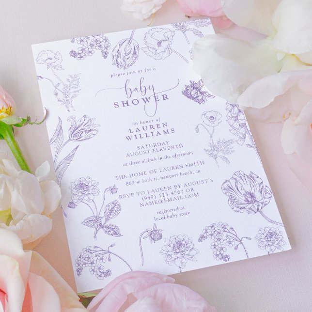 Convites Chá de fraldas de Script Floral de Lavanda Lilac V (Baby Shower Invitation!)