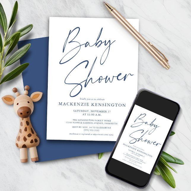 Convites Chá de fraldas de Script Simples Azul Moderno com  (Modern Blue Simple Handwritten Script Baby Shower Invitation with Instant Download Option)