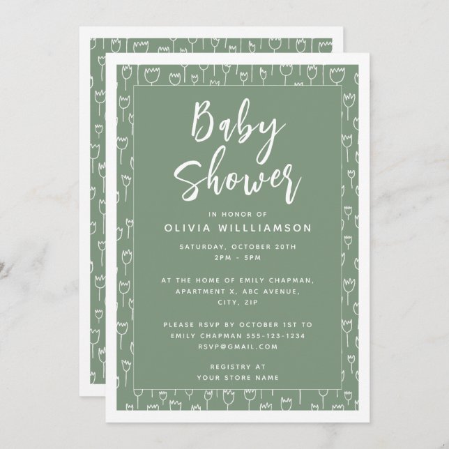 Convites Chá de fraldas de Script Verde do Modern Sage (Frente/Verso)