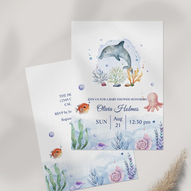 Convites Chá de fraldas de Sealife de Golfinho com Aquarela (Watercolor Dolphin Sealife Baby Shower Invitation on table)