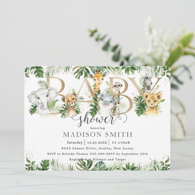 Convites Chá de fraldas de Selva Cura-Verde-Chic (Em pé/Frente)