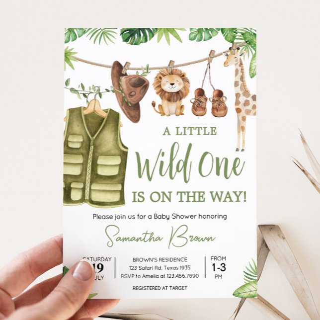 Convites Chá de fraldas de Selva de Safari Tropical (Tropical Safari Jungle Animals Clothesline Baby Shower Invitation)