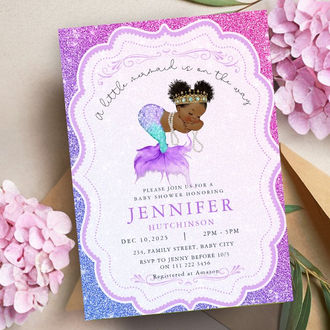 Convites Chá de fraldas de Sereia Afro-Americano (African American Mermaid Baby Shower Invitation)