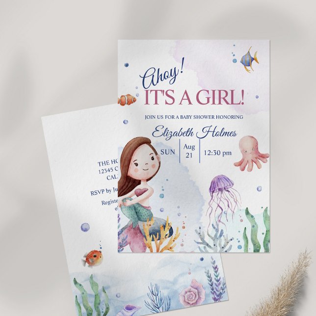 Convites Chá de fraldas de Sereia de Watercolor Sealife (Watercolor Sealife Mermaid Baby Shower Invitation on table.)