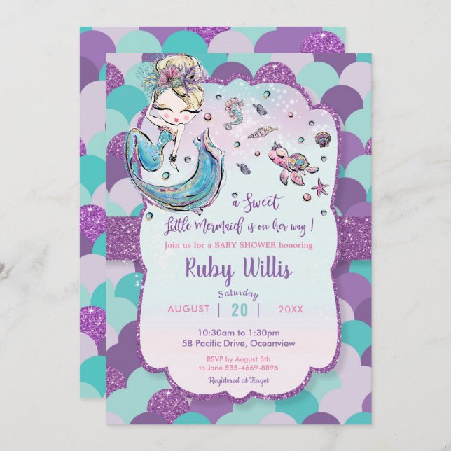 Convites Chá de fraldas de Sereia Loura Sob o Mar Roxo (Frente/Verso)