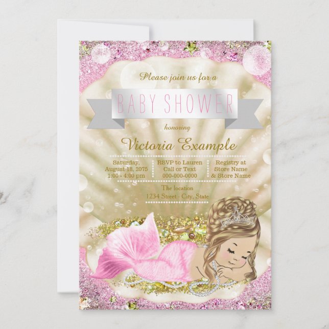 Convites Chá de fraldas de Sereia Rosa e Dourada Loura (Frente)