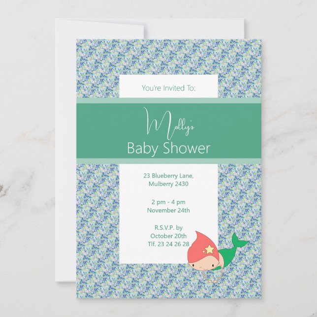 Convites chá de fraldas de Sereia Verde Illusima (Frente)