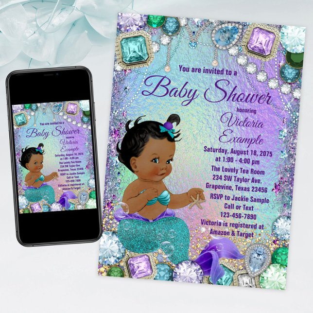 Convites Chá de fraldas de Sereias Jewel Mermaid African (Mermaid baby shower invitation with adorable ethnic mermaid baby. For instant download and print.)