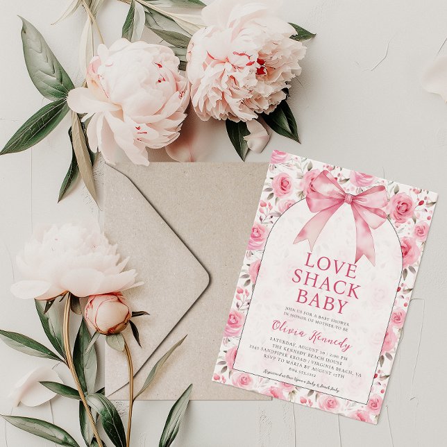 Convites Chá de fraldas de Shack de Amor Rosa-Coqueteira do (Love Shack Baby Shower Invitation)