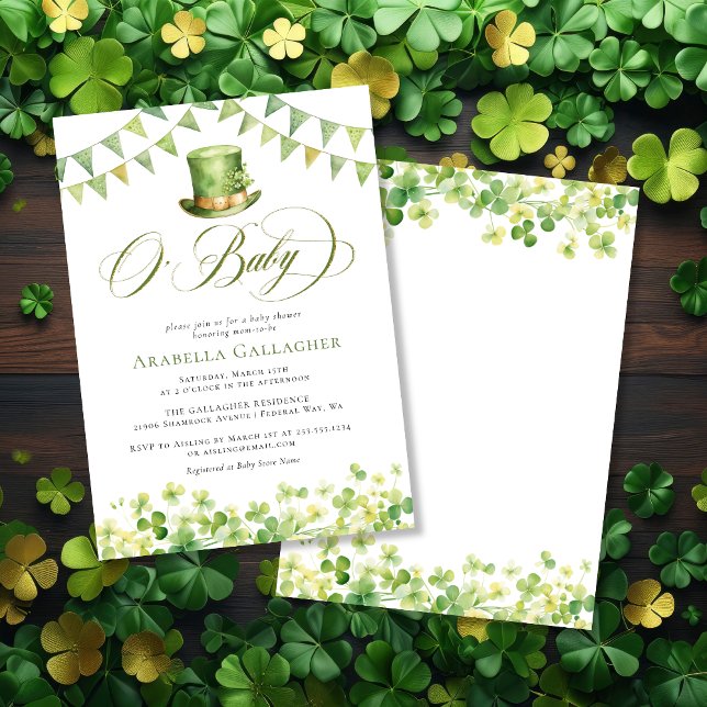 Convites Chá de fraldas de Shamrock Verde (Green Watercolor Shamrock Baby Shower Invitation)