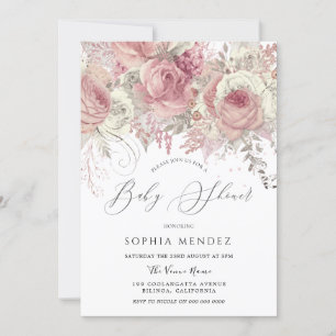 Convites Chá de fraldas de Silver e Blush Floral Girls Enca