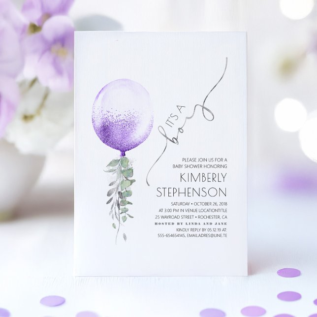 Convites Chá de fraldas de Silver Verde e Balão Roxo (Purple Boy Baby Shower Invitation)