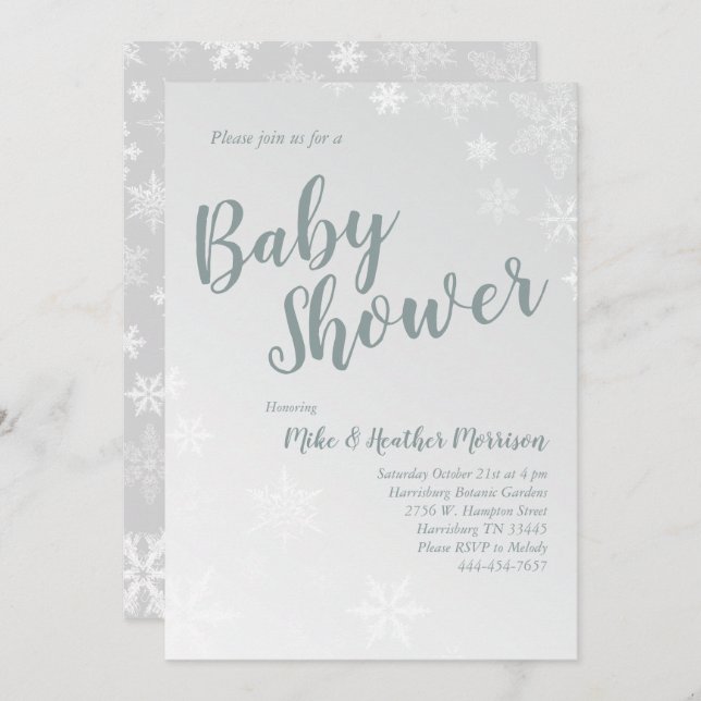 Convites Chá de fraldas de Snowflake  de Gênero Cinza Neutr (Frente/Verso)