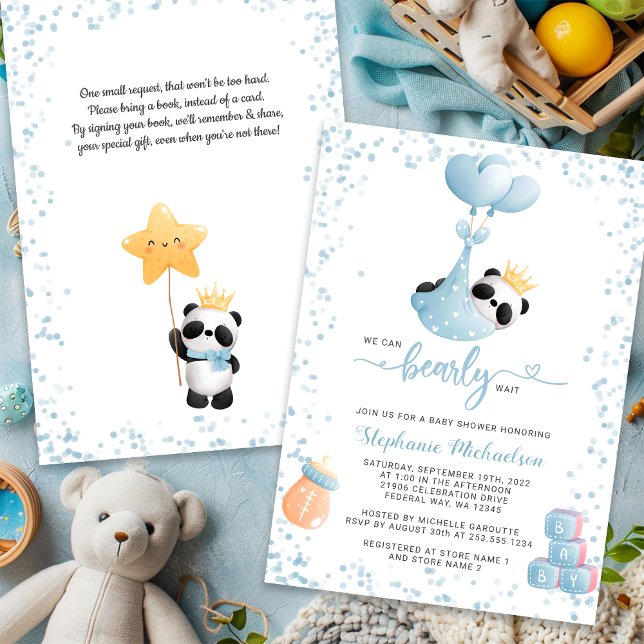 Convites Chá de fraldas de Solicitação de Livro de Espera d (Boy Panda Bearly Wait Book Request Baby Shower Invitation
)