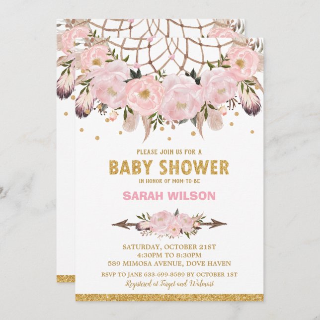 Convites Chá de fraldas De Sonho Floral Blush Boho (Frente/Verso)