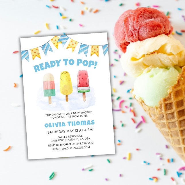 Convites Chá de fraldas De Sorvete Azul Pronta Para Pop (Blue Popcicle Ready To Pop Ice Cream Baby Shower Invitation)