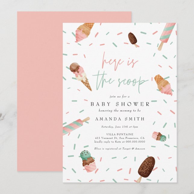 Convites chá de fraldas de sorvete de borrifada rosa-de-ver (Frente/Verso)