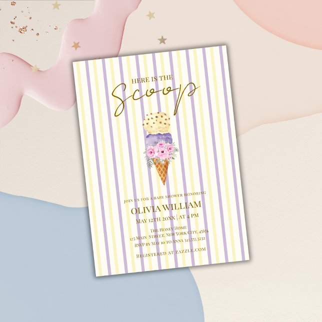 Convites Chá de fraldas de Sorvete Floral Roxo Amarelo (Yellow Purple Floral Scoop Ice Cream Baby Shower Invitation)