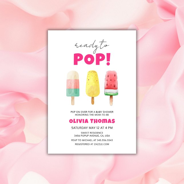 Convites Chá de fraldas De Sorvete Rosa Pronta Para Pop (Pink Summer Ready To Pop Ice Cream Baby Shower Invitation)
