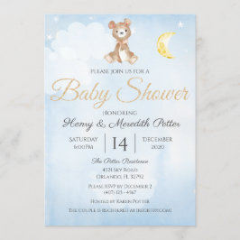 Convites Chá de fraldas de Star and Moon Teddy Bear Blue Bo