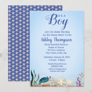 Convites Chá de fraldas de Starfish, Boi Azul, Tartaruga d