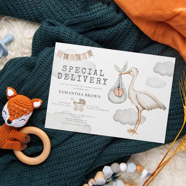 Convites Chá de fraldas de Stork Elegante de Aquarela (Criador carregado)