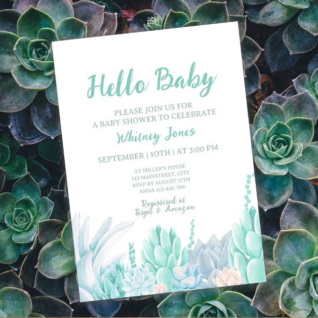 Convites Chá de fraldas de Suculente de Mola Verde de Costu (Succulent Watercolor Mint Green Boy Baby Shower Invitation)