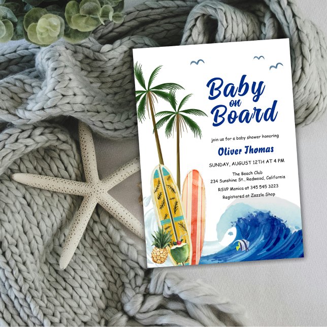 Convites Chá de fraldas de surfboard de onda no oceano azul (Blue Ocean Wave Surfboard Baby Shower Invitation)
