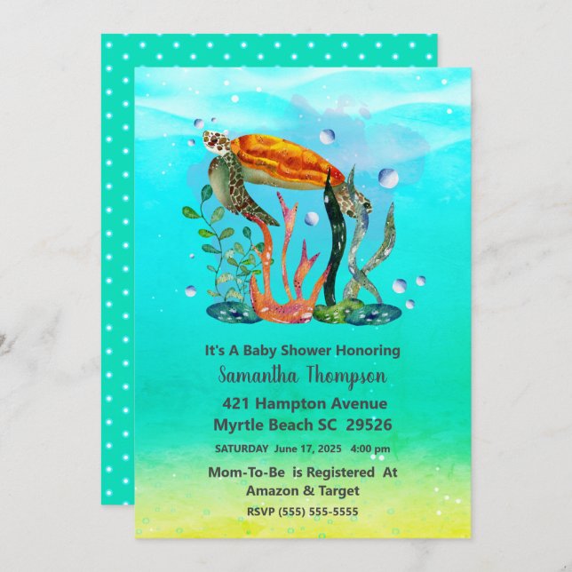 Convites Chá de fraldas de Tartaruga do Mar Submarino (Frente/Verso)