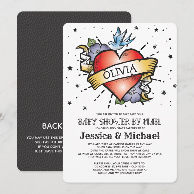 Convites Chá de fraldas De Tatuagem Coração Por Correio (Frente/Verso)