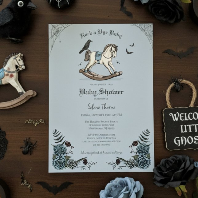 Convites Chá de fraldas de Tchau com Cavalo Azul Gótico (Cute Gothic Halloween Baby Shower Invitation. Rocking Horse & Roses Vintage Rock a Bye Baby Shower)
