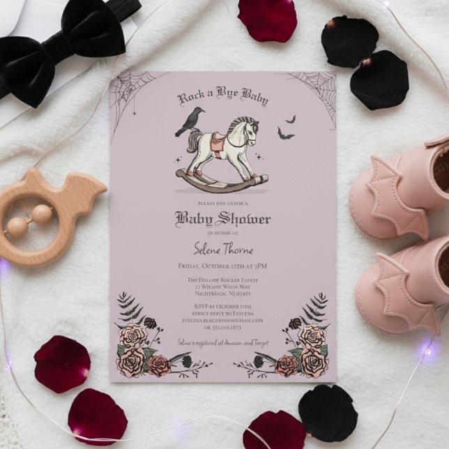Convites Chá de fraldas de Tchau Roxo Roxo Gótico (Gothic Baby Shower Invitations. Elegant Lilac Floral Spooky Rocking Horse Illustration 4 Halloween )