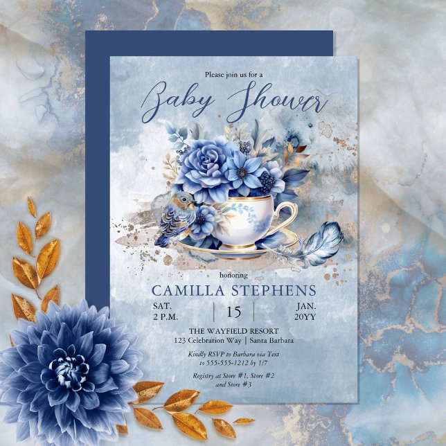 Convites Chá de fraldas de Teacup Floral de Inverno Elegant (Create a magical baby celebration with this beautiful blue winter floral teacup and bird design.)