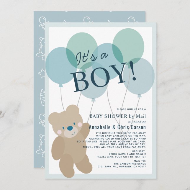 Convites Chá de fraldas de Teddy Bear Balloon Blue Boy por  (Frente/Verso)