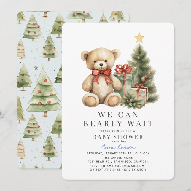 Convites Chá de fraldas de Teddy Bear Barly Wait Holidy Boy (Frente/Verso)