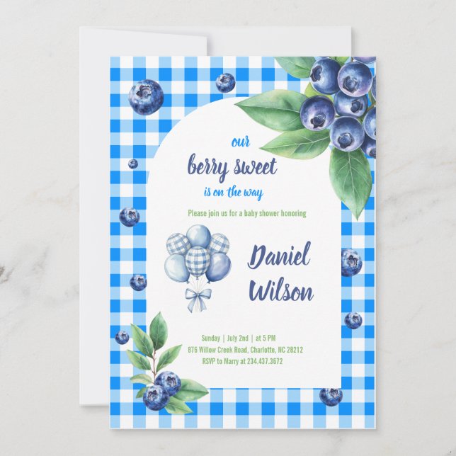 Convites Chá de fraldas de Tema Azul Berry Sweet para Impre (Frente)