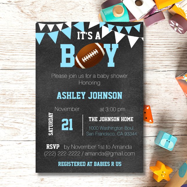 Convites Chá de fraldas de Tema de Futebol do Quadro de Men (Custom Boy Chalkboard Football Sport Theme Baby Shower Invitation)